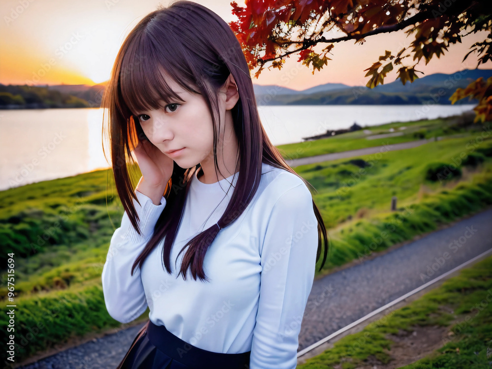 紅葉の風景と笑顔の若い女性