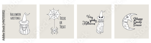 Set of 4 cards or posters with cute Halloween illustrations and greeting texts. Hand drawn spooky clipart bundle.