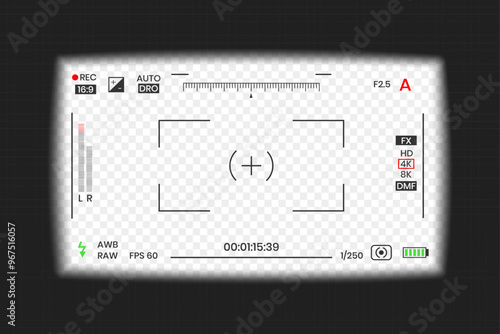 Camera viewfinder video or photo frame recorder flat style design vector illustration. Digital camera viewfinder with exposure settings and focusing grid template.