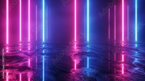 Colorful Neon Beams Illuminate a Reflective Surface in a Darkened Space During a Creative Event