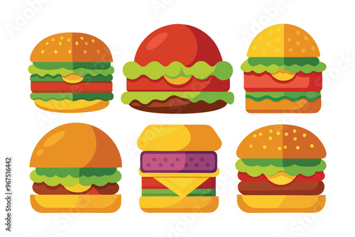 Set of different types delicious burger vector illustration on white background