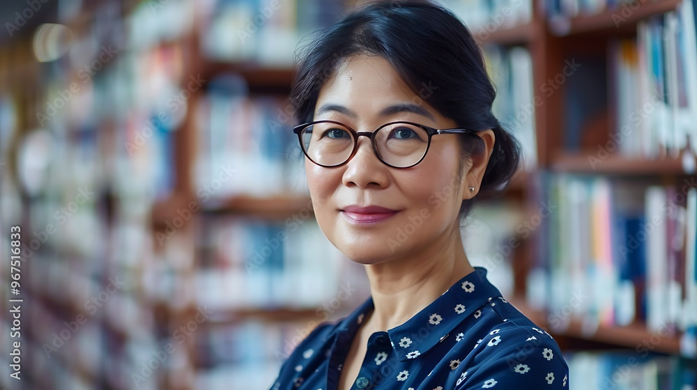 Portrait of a Librarian in a Blurred Library Background, Portrait Shot, Librarian, Library Background Portrait of a Librarian in a Blurred Library Background, Portrait Shot, Librarian, Library Background
