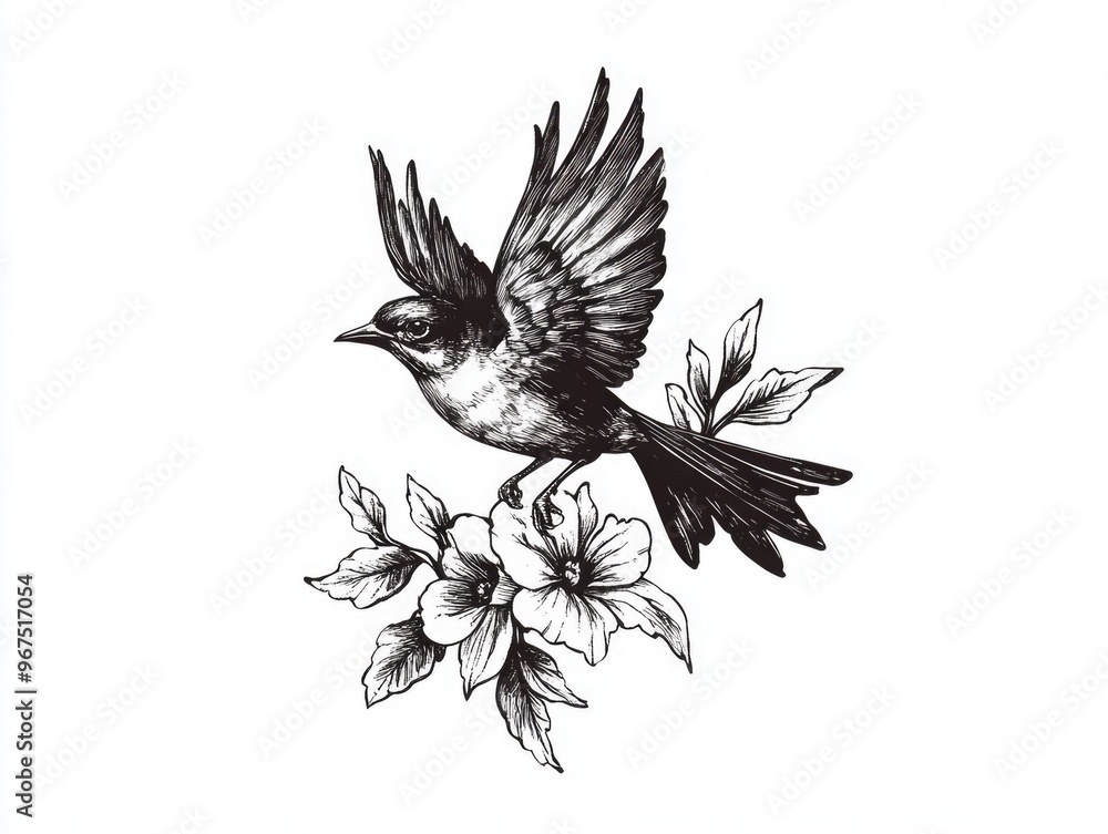Obraz premium A black and white drawing of a bird with its wings spread out. The bird is perched on a branch with flowers in the background. Concept of freedom and tranquility, as the bird is free to fly