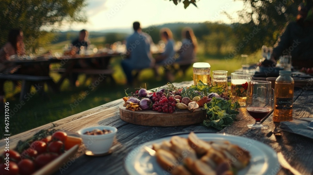 Rustic Outdoor Table Setting with Food and Drinks Rustic Outdoor Table Setting with Food and Drinks