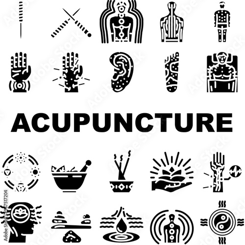 acupuncture needles therapy icons set vector. meridian holistic, wellness balance, energy qi, traditional chinese medicine healing acupuncture needles therapy glyph pictogram Illustrations