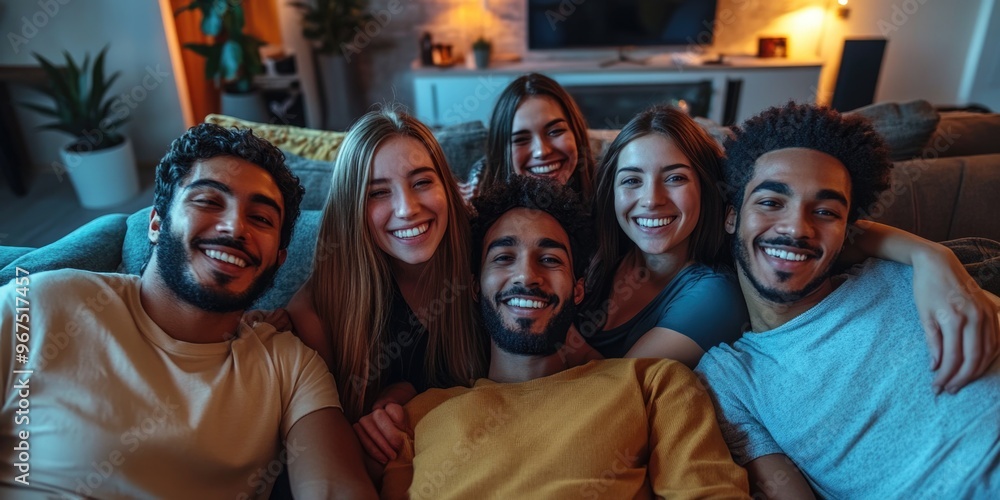 A group of people are sitting on a couch and smiling for a picture. Scene is happy and friendly A group of people are sitting on a couch and smiling for a picture. Scene is happy and friendly
