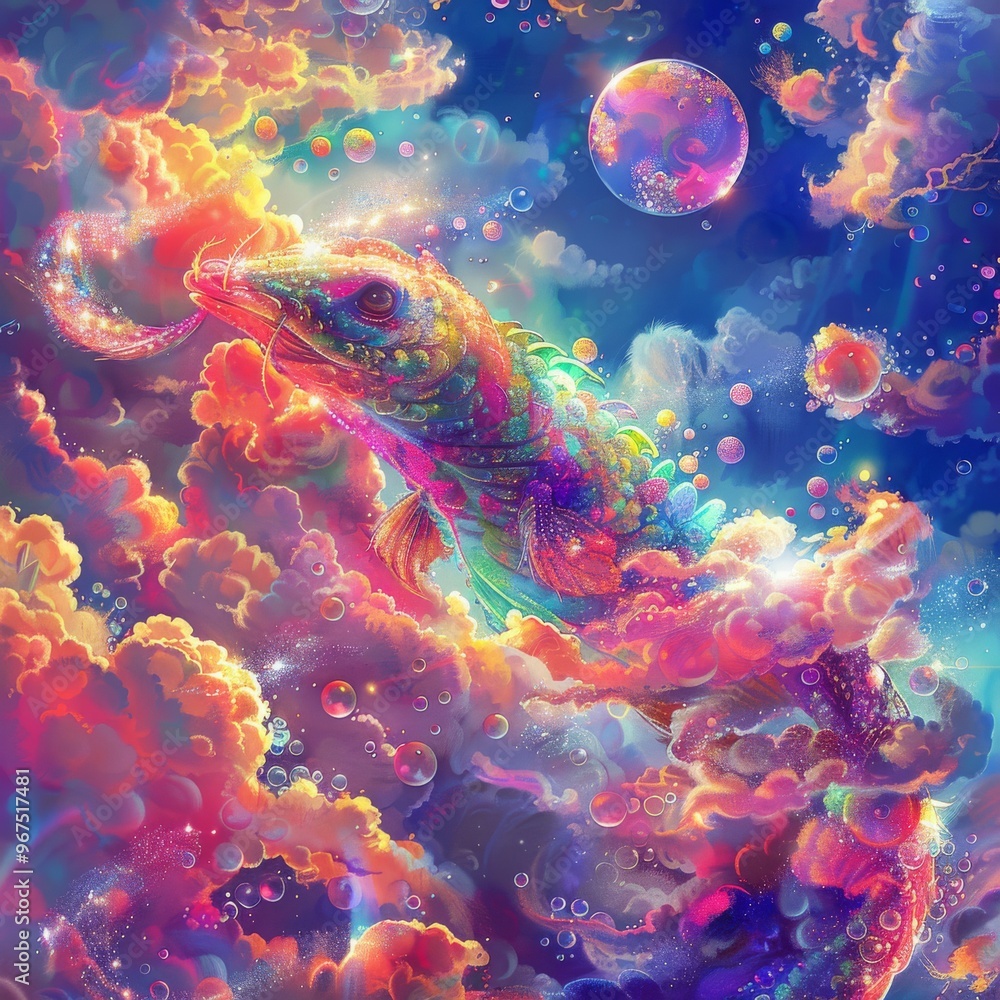 A beautiful and surreal painting of a fish-like creature swimming in a sea of colorful clouds. A beautiful and surreal painting of a fish-like creature swimming in a sea of colorful clouds.