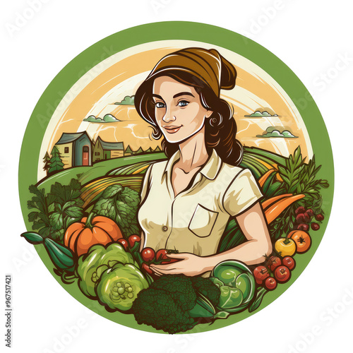 An illustration of a woman and vegetables with a countryside background