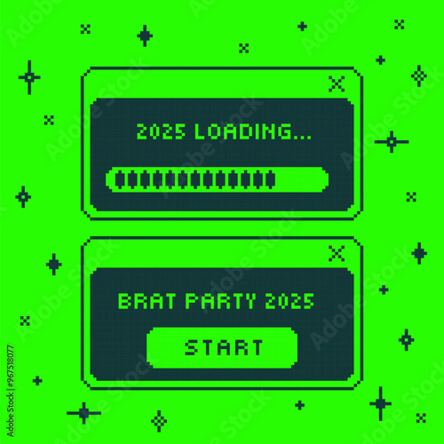 Pixel Y2k trendy playful abstract card for New Year's celebration. UI retro 90th pixel style, party 2025 invite. Minimalist digital Concept Technology vintage arcade computer game. neon Brutalism
