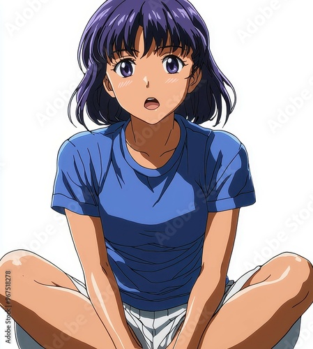 A charming animestyle schoolgirl with blackpurple hair, casually dressed in a blue tshirt and white shorts. photo