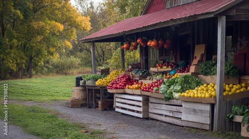 Fototapeta Naklejka Na Ścianę i Meble -  A Rustic Produce Stand with Fresh Fruits and Vegetables