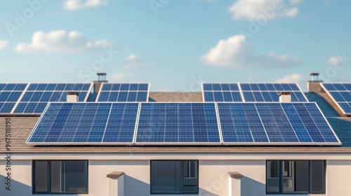 Eco Friendly concept, Bright solar panels installed on rooftops, harnessing renewable energy under a blue sky with fluffy clouds.