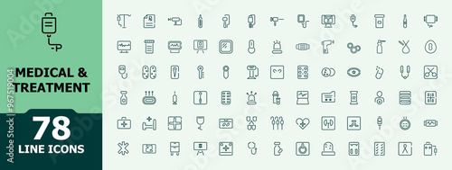 Medical and Treatment icon set. Health checkup line icon pack. Medical care patient diagnosis icon collection. Editable vector strokes.