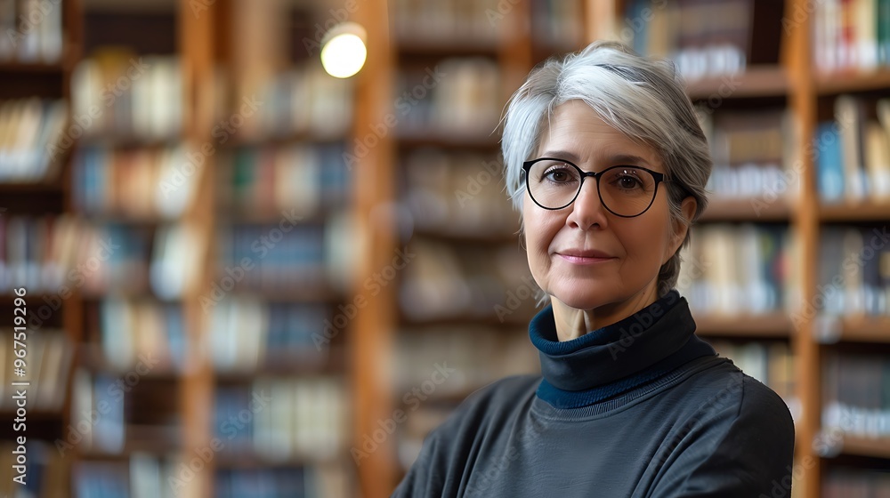 Portrait of a Librarian in a Blurred Library Stacks Background, Portrait Shot, Librarian, Library Stacks Background Portrait of a Librarian in a Blurred Library Stacks Background, Portrait Shot, Librarian, Library Stacks Background