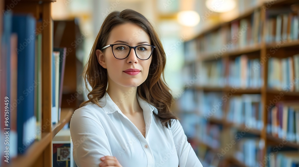 Portrait of a Librarian in a Blurred Library Background, Portrait Shot, Librarian, Library Background Portrait of a Librarian in a Blurred Library Background, Portrait Shot, Librarian, Library Background