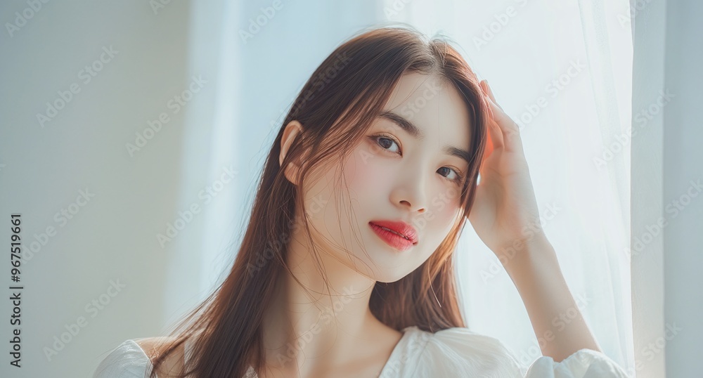 beautiful Asian woman with long hair, wearing light makeup and red lipstick, is touching her straight brown hair against the white background of a bright room beautiful Asian woman with long hair, wearing light makeup and red lipstick, is touching her straight brown hair against the white background of a bright room