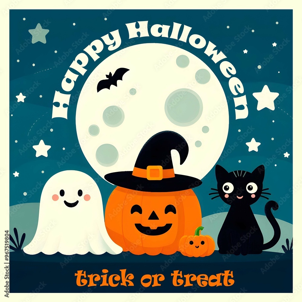 Happy Halloween illustration with pumpkin, ghost, black cat and bats. reeting card in flat style. Happy Halloween illustration with pumpkin, ghost, black cat and bats. reeting card in flat style.