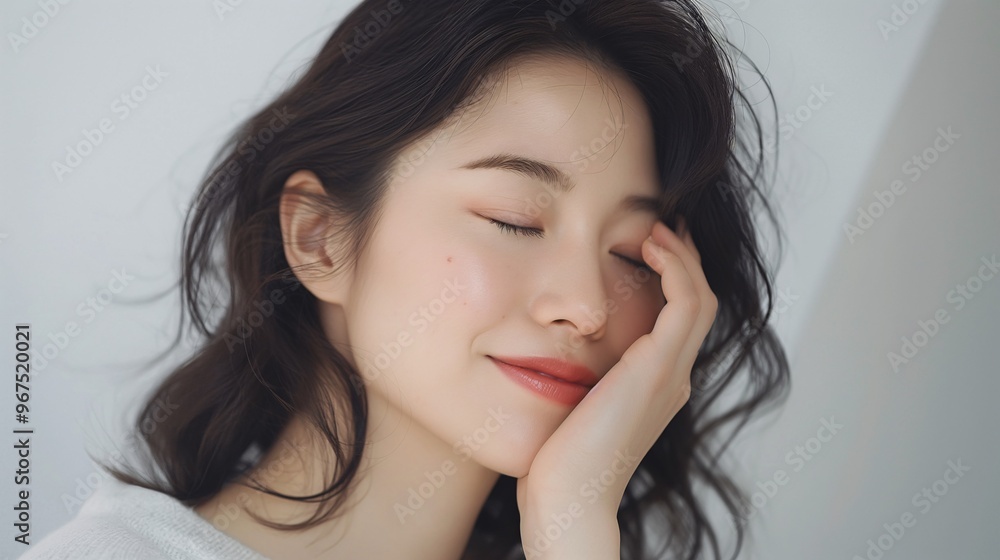 beautiful Japanese woman in her late thirties with dark hair, gently touching her face and smiling slightly while looking down beautiful Japanese woman in her late thirties with dark hair, gently touching her face and smiling slightly while looking down