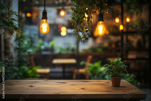 Cozy Café Interior with Hanging 
Bulbs and Wooden Table
