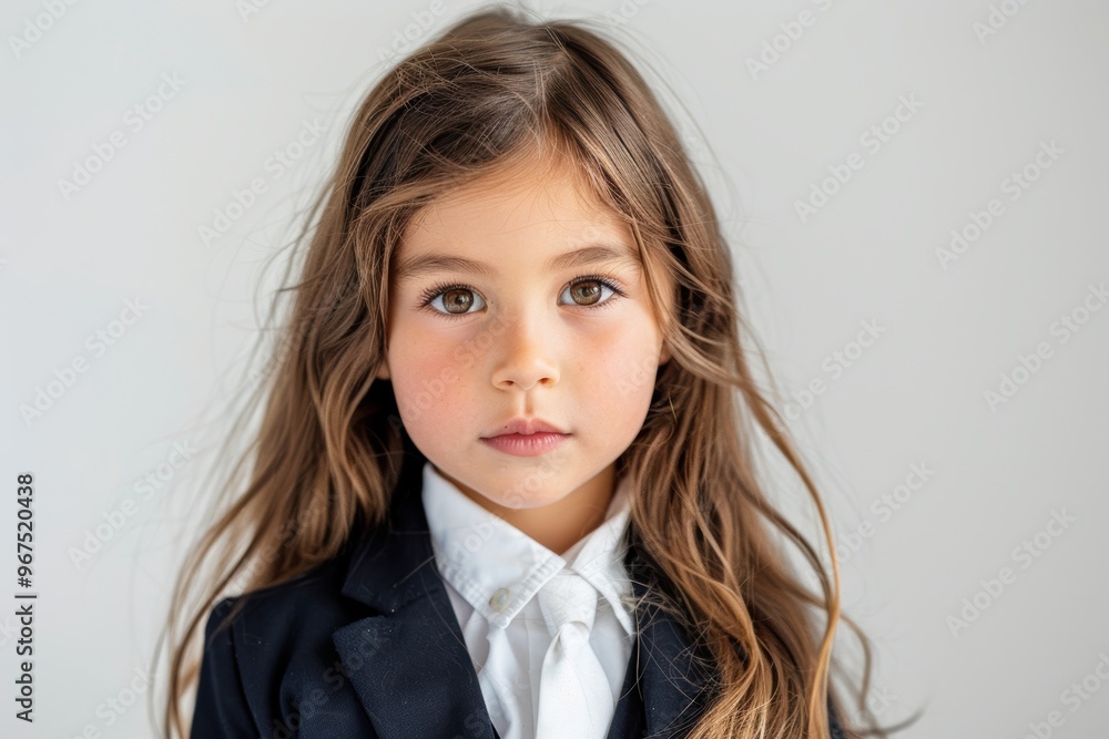 A Caucasian kid, smiling and dressed in a luxury business suit and shirt, poses with something in her hand against a white background. A Caucasian kid, smiling and dressed in a luxury business suit and shirt, poses with something in her hand against a white background.