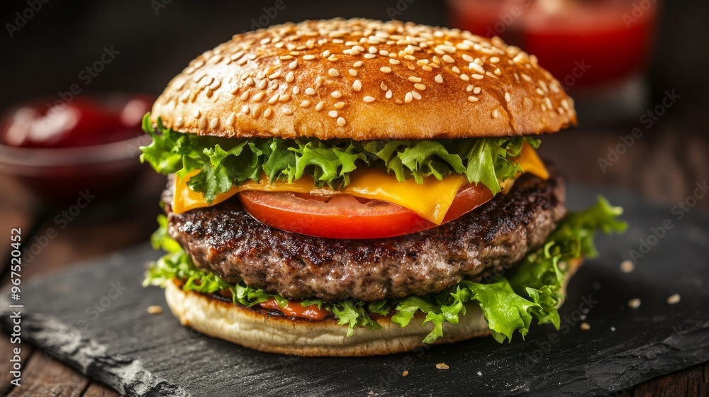 Juicy cheeseburger with lettuce, tomato and ketchup on slate board. Gourmet fast food concept Juicy cheeseburger with lettuce, tomato and ketchup on slate board. Gourmet fast food concept