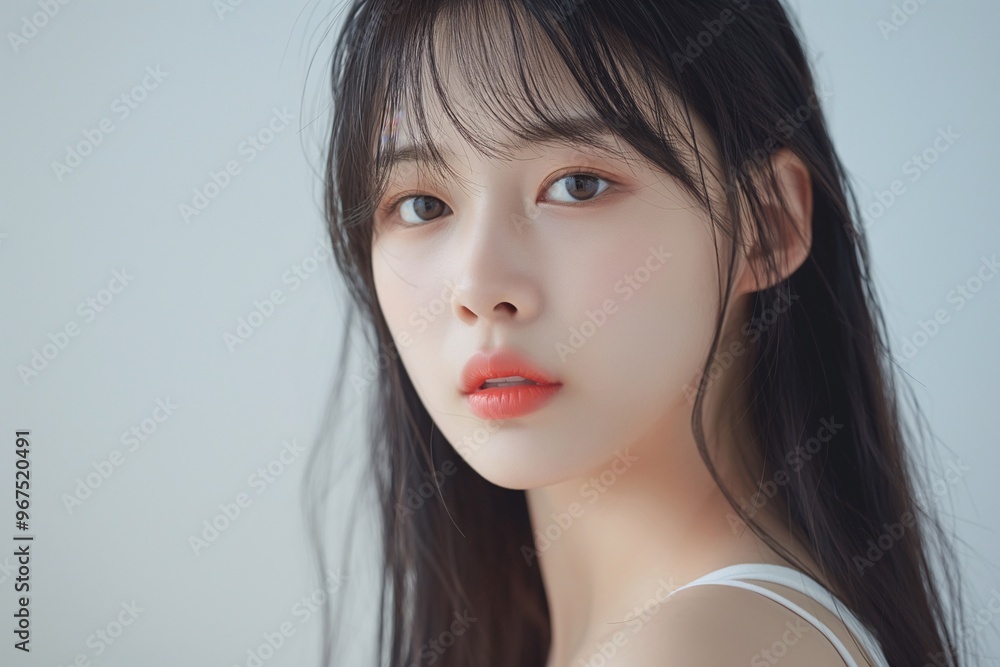 Beautiful Korean girl with straight hair, white background, shoulders and back skin visible, shoulders and arms free of makeup, natural skin toner