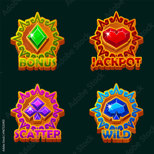 Playing card icons in solar disk frame, Aztec style icons. Symbols heart, spade, diamond, and club for your casual game, slots or casino