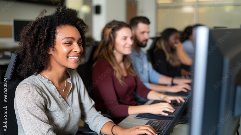 A group of young adults is focused on coding at their computers in a bright, modern office space. They collaborate while smiling and working on their laptops, creating a lively atmosphere A group of young adults is focused on coding at their computers in a bright, modern office space. They collaborate while smiling and working on their laptops, creating a lively atmosphere