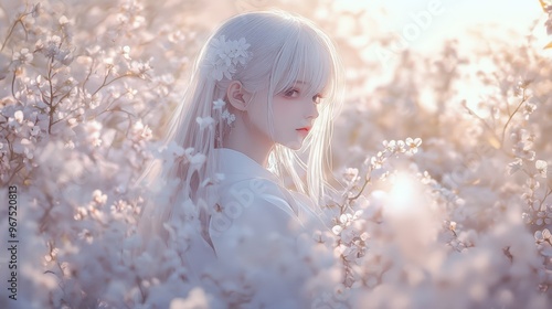 White-haired anime girl wearing white clothing among delicate flowers in a serene landscape