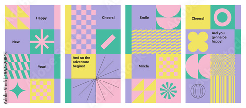 Y2k stickers for happy new year and Marry Christmas Playful retro elements, Geometry shapes. Green Neon colors. Glitch