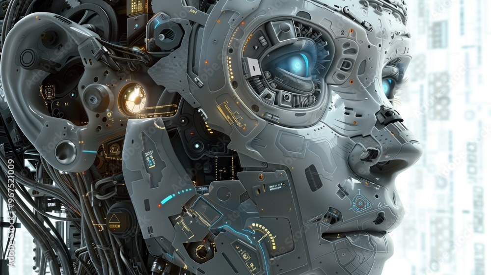 A detailed robotic face features glowing blue eyes and complex circuitry, showcasing advanced technology in a high-tech setting