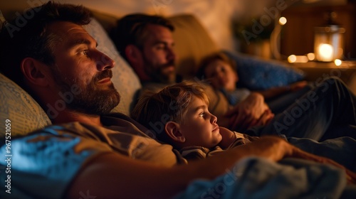 Two adults sit on a couch beside two children, all wrapped in blankets while enjoying a peaceful evening indoors. The warm lighting creates a cozy atmosphere for family bonding