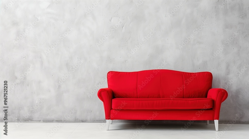 A stylish red sofa is positioned against a minimalistic gray wall, adding a pop of color and a contemporary touch to the room's decor, ideal for modern interiors A stylish red sofa is positioned against a minimalistic gray wall, adding a pop of color and a contemporary touch to the room's decor, ideal for modern interiors