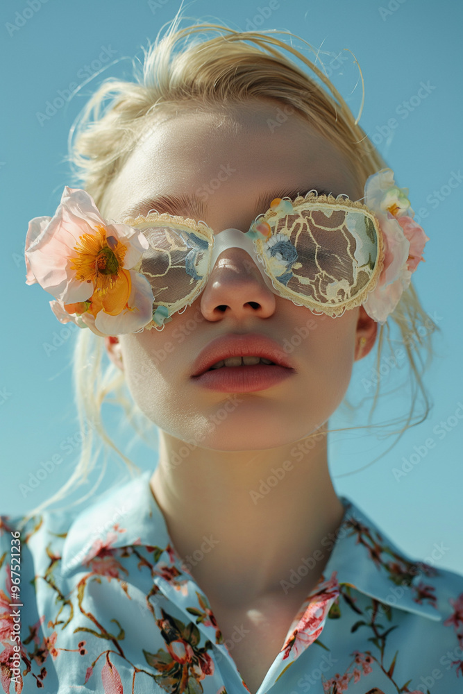 A close-up of a blonde woman wearing lace and floral-decorated sunglasses, against a bright blue sky. A dreamy and artistic fashion concept with a touch of nature. A close-up of a blonde woman wearing lace and floral-decorated sunglasses, against a bright blue sky. A dreamy and artistic fashion concept with a touch of nature.