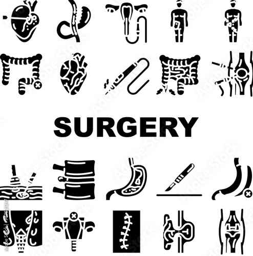 surgery medical operation icons set vector. procedure anesthesia, scalpel incision, sutures recovery, sterile surgeon, patient surgery medical operation glyph pictogram Illustrations