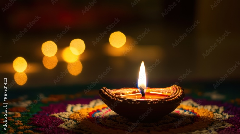 A Single Lit Diya on a Colorful Rangoli A Single Lit Diya on a Colorful Rangoli