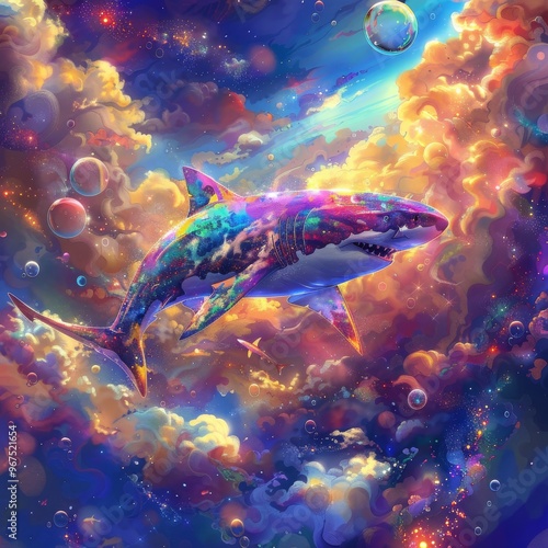 Astral shark. Multicolored shark floats among the stars and and bubbles. photo