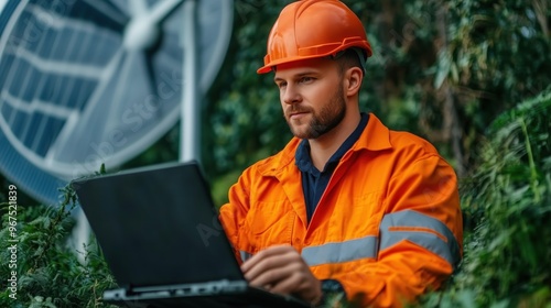 A technician wearing an orange jacket and hard hat is focused on a laptop, positioned next to a wind turbine, with lush plants all around during the day