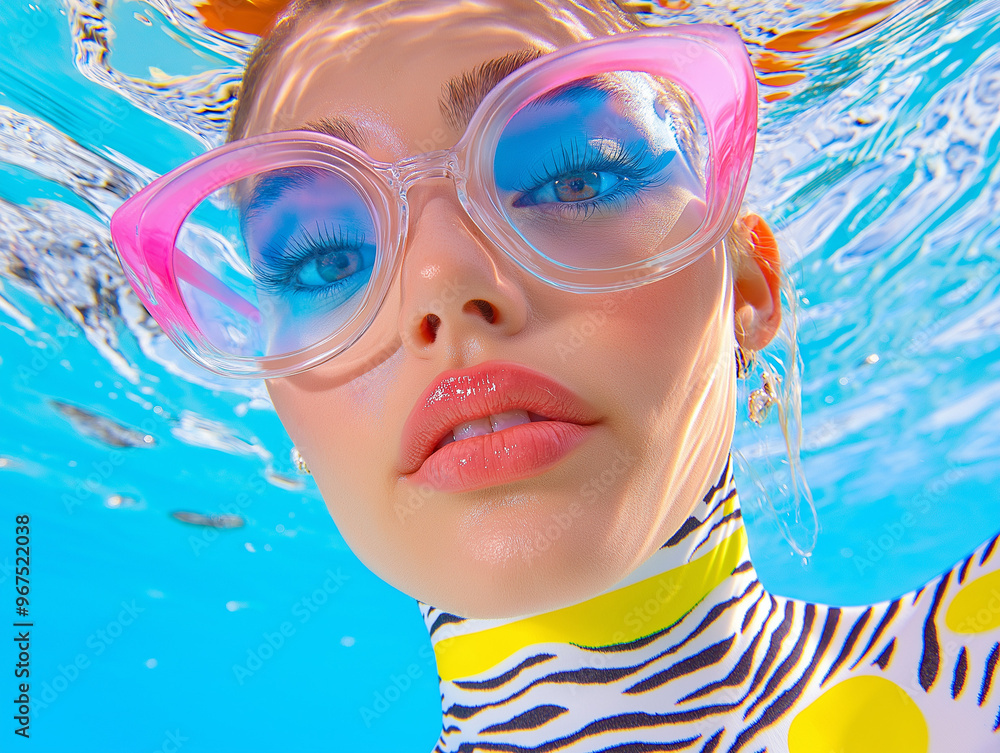 Naklejka premium A futuristic underwater fashion shoot featuring oversized pink glasses and zebra print outfit. The bright and colorful editorial captures bold makeup and a stylish aquatic concept.