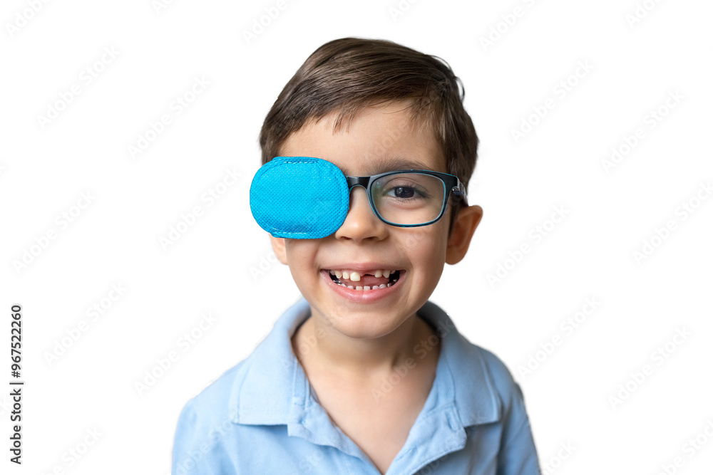 Boy in glasses with eye patch. Occluder, lazyeye, amblyopia, strabismus. Vision testing concept. Reviewing eyesight Boy in glasses with eye patch. Occluder, lazyeye, amblyopia, strabismus. Vision testing concept. Reviewing eyesight