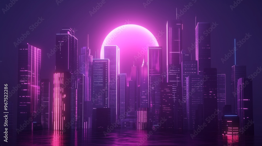 A futuristic cityscape with skyscrapers and tower illuminated by neon lights. A futuristic cityscape with skyscrapers and tower illuminated by neon lights.