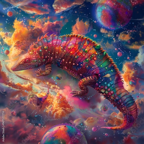 Colorful chameleon walking through aYi Xing  landscape with planets and stars in the background. photo