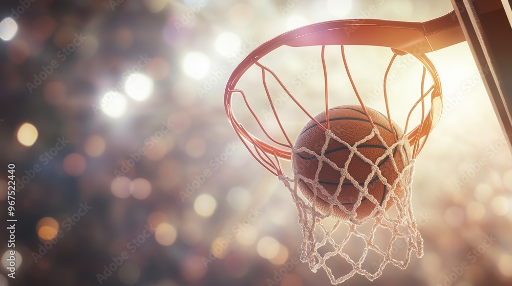 A basketball going into the basket. Background is a spotlight . A basketball going into the basket. Background is a spotlight .