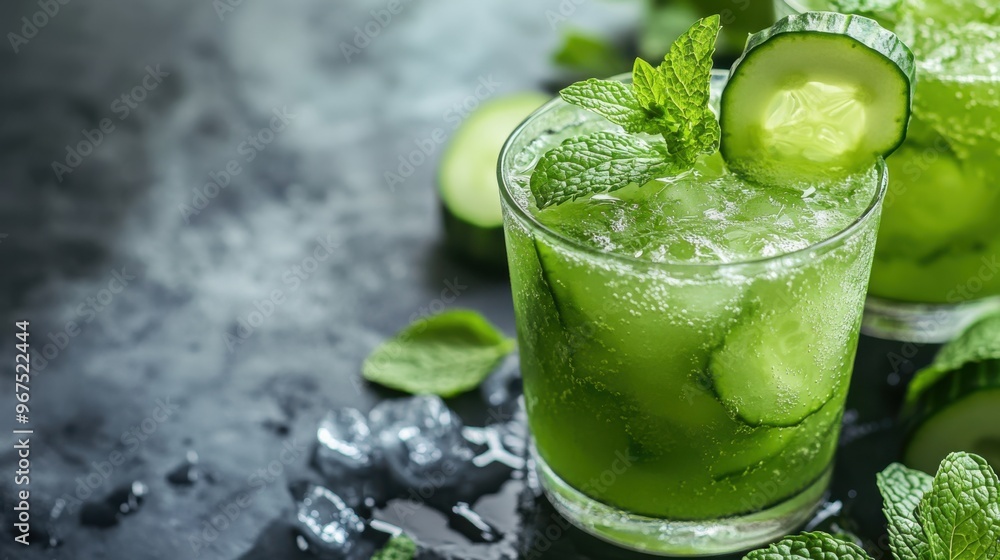 A bright green cucumber and mint cooler, served in a glass with a cucumber slice on the A bright green cucumber and mint cooler, served in a glass with a cucumber slice on the