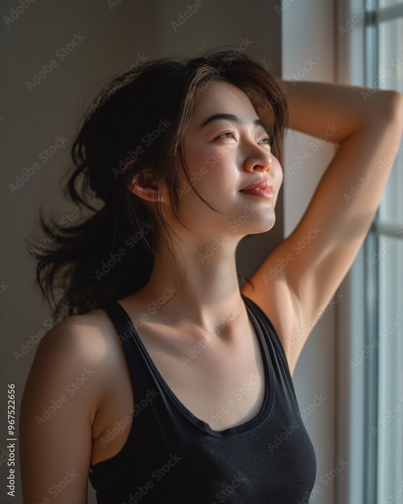 Japanese woman stretching in the morning, wearing a black tank top and smiling, with a light background Japanese woman stretching in the morning, wearing a black tank top and smiling, with a light background