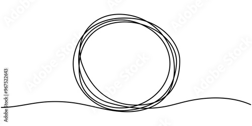 Continuous one line drawing of scribble black circle. Round frame sketch outline on white background. Editable stroke. Doodle vector illustration, Vector in one continuous line drawing of scribble