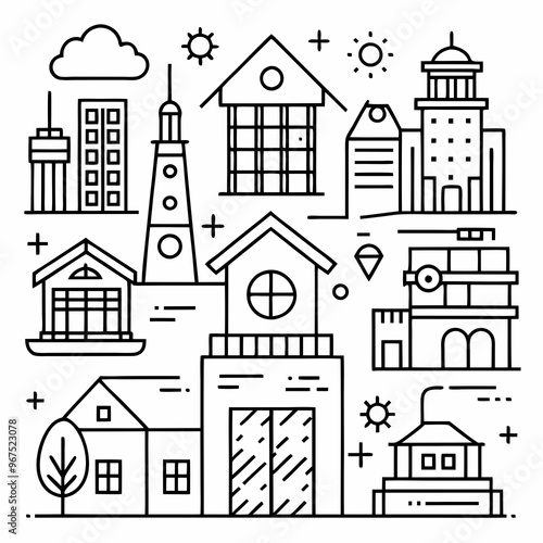 Set of outline icons related to building, architecture, house, design. Linear icon collection. Editable stroke.