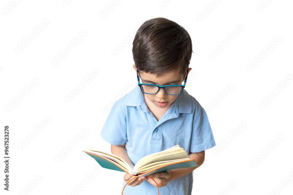 Portrait of boy in glasses with book. Remote learning. Distance education. Homework. Boy is reading. Education concept Portrait of boy in glasses with book. Remote learning. Distance education. Homework. Boy is reading. Education concept
