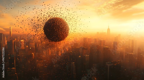 Abstract Digital Artwork of Coffee Beans Merging into Surreal Cityscape at Dusk photo