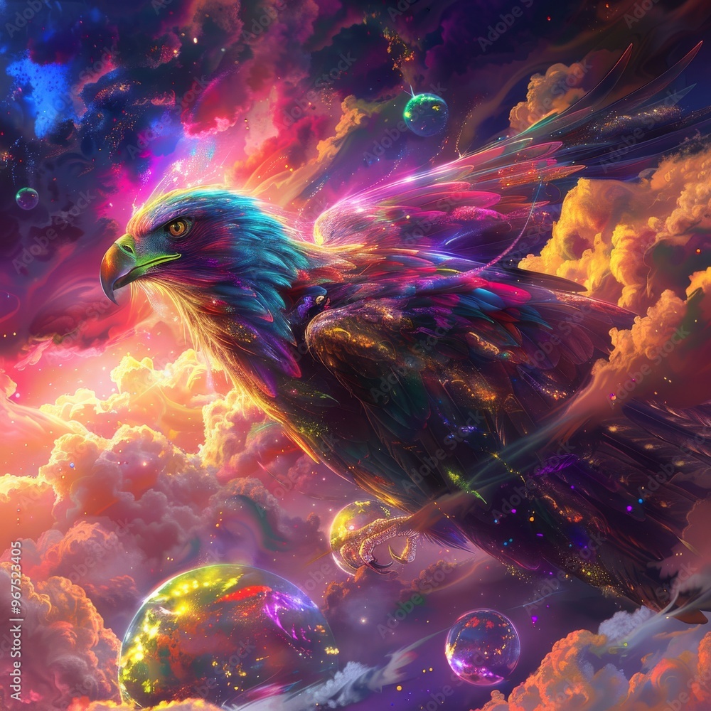 Majestic eagle soars above the clouds in a vibrant sky. Majestic eagle soars above the clouds in a vibrant sky.